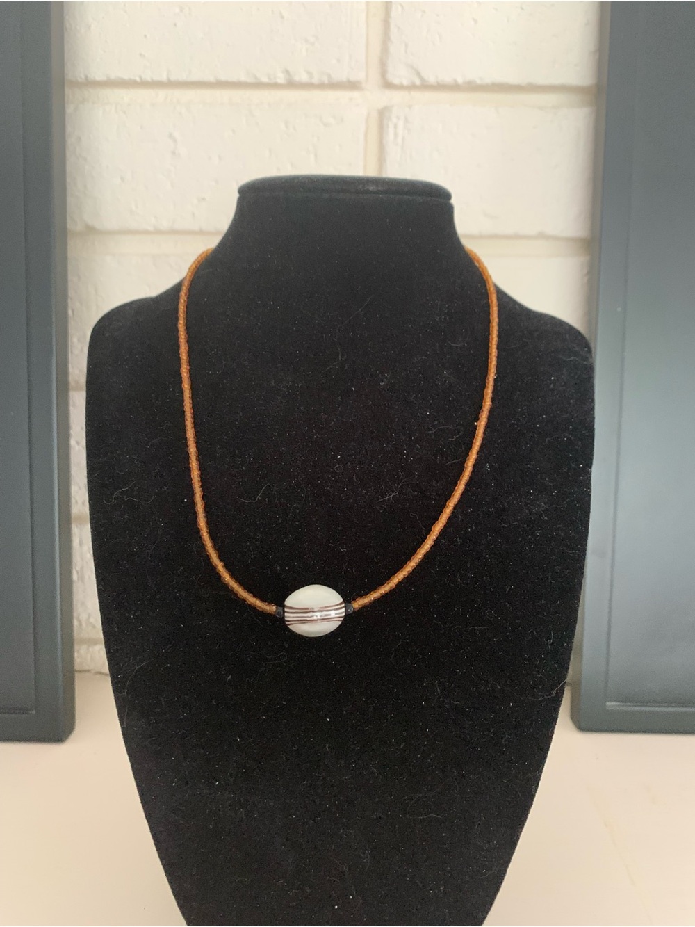 Minimalist Brown Beaded Cord Necklace with White and Silver Bead